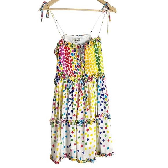 All Things Mochi Blessica Rainbow Polka Dot Print Tiered Silk Mini Dress Sz S - Picture 4 of 16